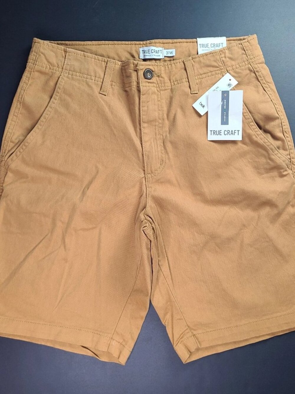 True Craft Khaki Shorts Size 31 W Flat Front 9" Inseam Trolly Tan New NWT